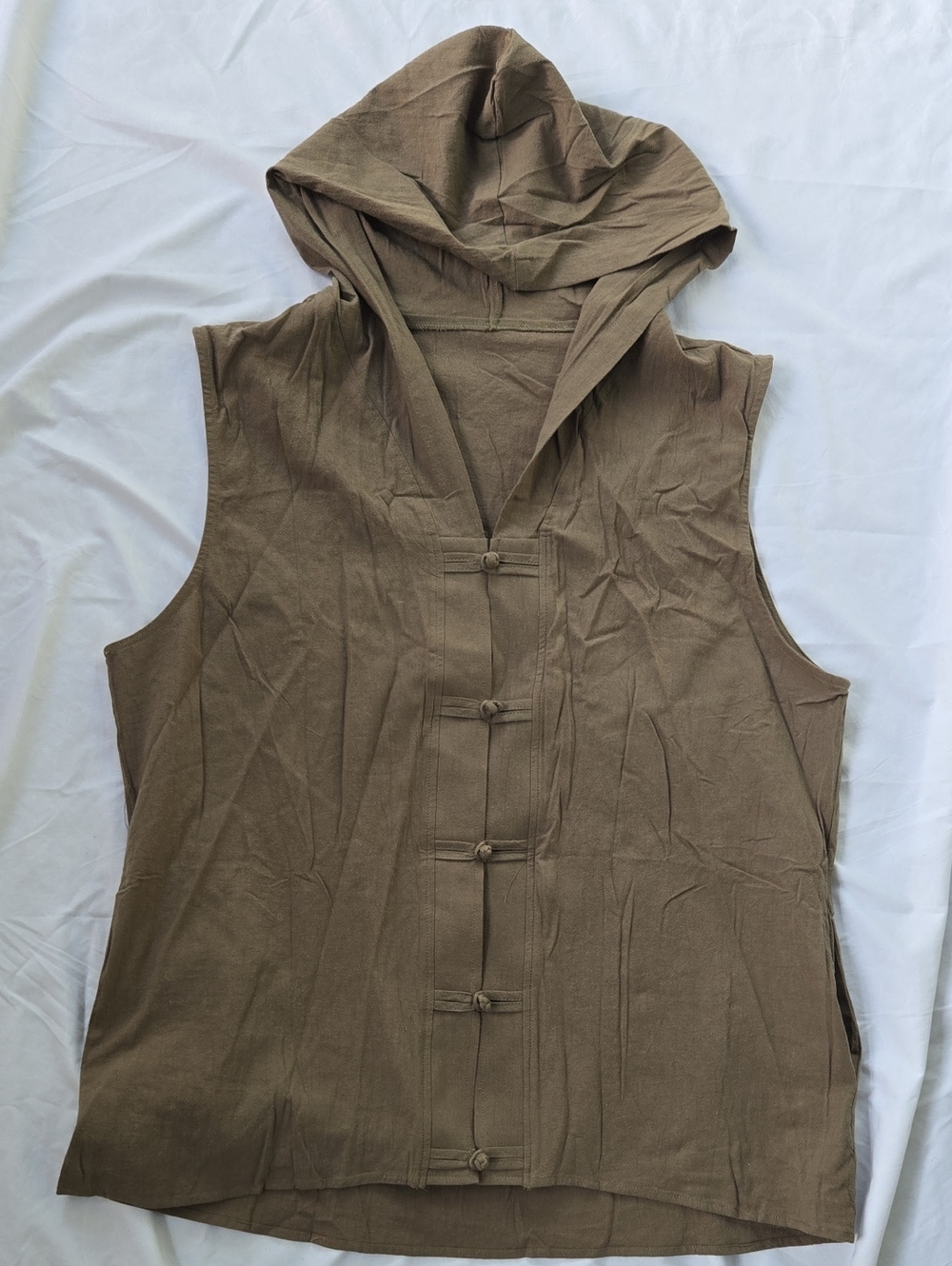 Men's Sleeveless Cotton/Linen Hooded Army Green Vest Cloth Frog Buttons On Front